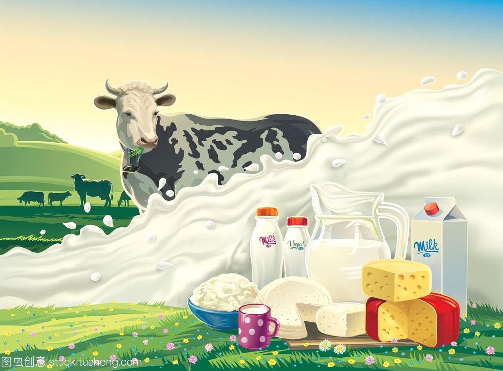 母牛,牛奶和奶制品产品海报